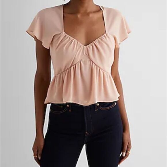 Express Pink Flutter Sleeve Peplum Blouse | Ruched Front | Small - Picture 1 of 4